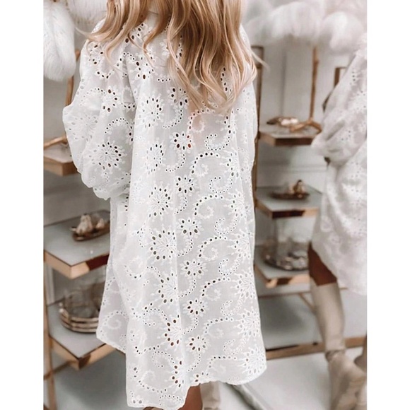 Boho Eyelet Puff Sleeve Button Down Shirt Dress - Picture 5 of 8